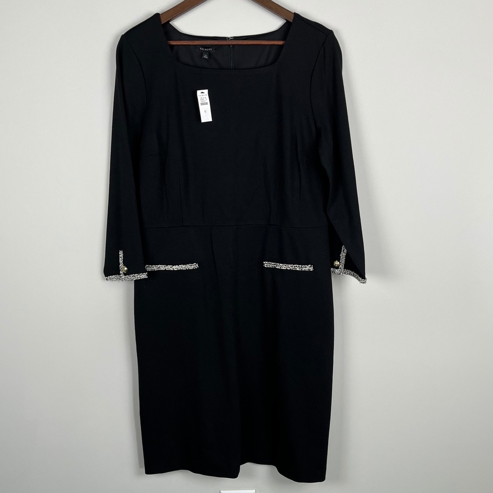 Talbots Womens Black Tweed Trim Sheath Dress Square Neck Gold Button Size 12 NWT